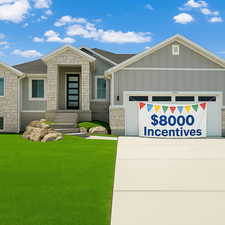 View of front of house featuring stone siding, board and batten siding, an attached garage, driveway, and a front lawn