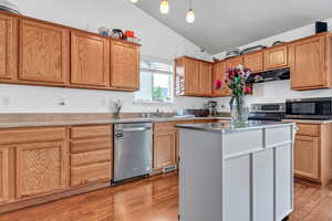 Kitchen with stainless steel appliances, under cabinet range hood, lofted ceiling, light wood-style flooring, and a kitchen island