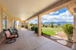 View of patio with a mountain view