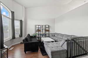 Living area with baseboards, dark wood finished floors, a wealth of natural light, and vaulted ceiling