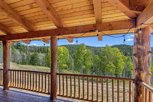 Wooden deck featuring a view of trees