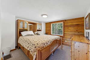 Bedroom featuring rustic walls, light colored carpet, baseboards, and a textured ceiling