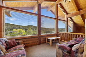 Carpeted living room featuring wooden ceiling
