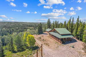 View from above of property featuring a heavily wooded area