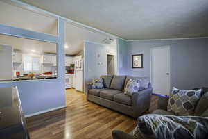 Living area featuring light wood-style floors and ornamental molding