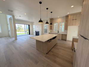 Kitchen featuring modern cabinets, pendant lighting, light wood-type flooring, open floor plan, and recessed lighting