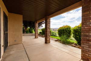 View of patio featuring a mountain view