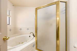 Bathroom featuring a jetted tub and a stall shower