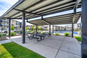 View of community featuring fence, a swimming pool, and a residential view