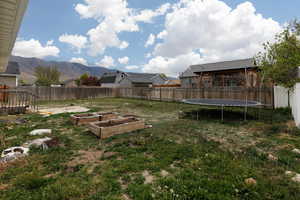 View of yard with a trampoline and a vegetable garden