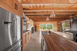 Kitchen featuring stainless steel fridge, butcher block countertops, a sink, wooden ceiling, and hardwood / wood-style floors