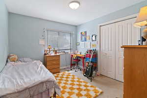 Carpeted bedroom with a closet
