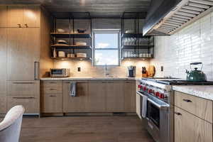 Kitchen featuring high end stove, range hood, a sink, open shelves, and decorative backsplash