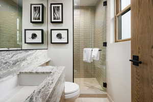 Full bath featuring a stall shower, toilet, tile patterned floors, and vanity