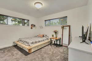 Carpeted bedroom featuring baseboards