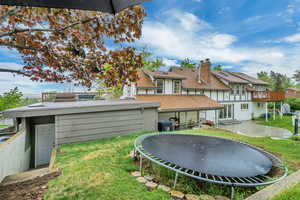Rear view of house featuring roof with shingles, a trampoline, brick siding, a patio, and a lawn