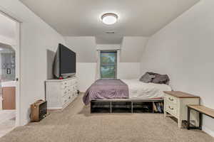 Carpeted bedroom featuring connected bathroom and visible vents