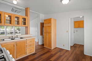 Kitchen with a sink, dark wood-style flooring, light countertops, glass insert cabinets, and stove