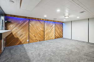 Finished below grade area with carpet and wood walls