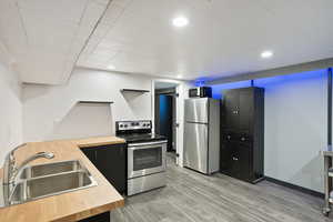 Kitchen with stainless steel appliances, a sink, butcher block counters, light wood-type flooring, and recessed lighting