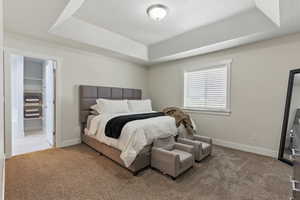 Carpeted bedroom with a tray ceiling and baseboards