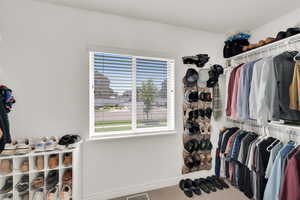 Walk in closet with carpet floors