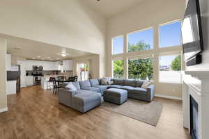 Living room with light wood finished floors, a glass covered fireplace, a towering ceiling, baseboards, and recessed lighting