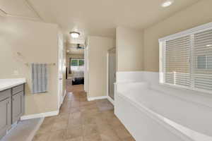 Ensuite bathroom with vanity, a garden tub, baseboards, and a shower stall