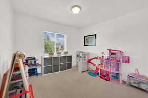 Rec room with carpet flooring