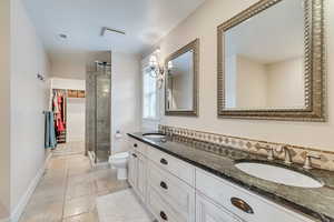 Full bathroom with a stall shower, toilet, double vanity, baseboards, and a walk in closet