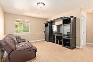 Living area with carpet and baseboards