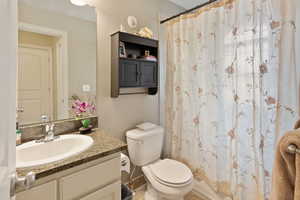 Bathroom with vanity, toilet, and a shower with curtain