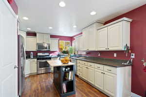 Kitchen featuring stainless steel appliances, dark wood-type flooring, and recessed lighting