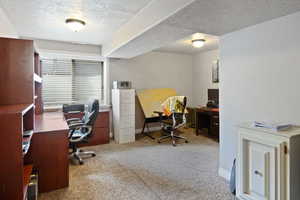 Carpeted home office with a textured ceiling and baseboards