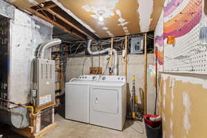 Washroom with washer and dryer, laundry area, and electric panel