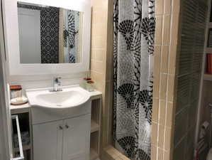 Full bathroom with vanity and a shower with shower curtain