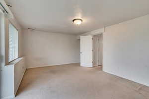 Spare room featuring light carpet, baseboards, and plenty of natural light