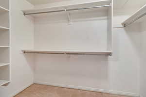 Spacious closet with light carpet