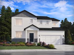 View of front facade featuring an attached garage, driveway, board and batten siding, and a shingled roof