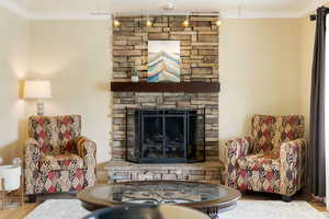 Living area featuring wood finished floors, track lighting, crown molding, and a fireplace