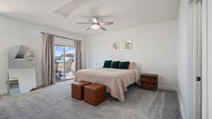 Bedroom featuring access to exterior, carpet flooring, baseboards, and ceiling fan