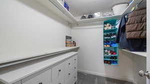 Spacious closet featuring dark colored carpet