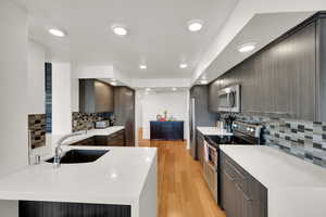 Kitchen with stainless steel appliances, a sink, tasteful backsplash, light countertops, and recessed lighting