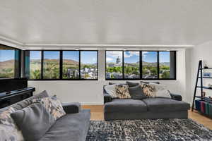 Living room featuring wood finished floors, baseboards, a textured ceiling, and a mountain view