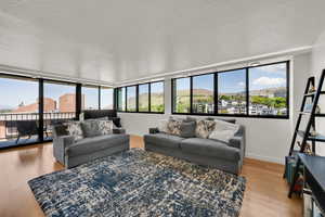 Living area featuring light wood finished floors, plenty of natural light, baseboards, and a textured ceiling