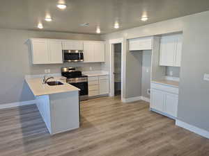 Kitchen with appliances with stainless steel finishes, a sink, a peninsula, white cabinets, and recessed lighting
