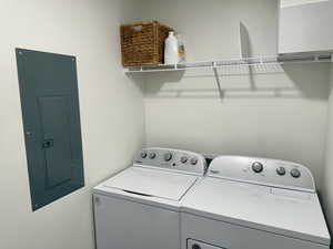 Laundry area featuring electric panel and washer and clothes dryer