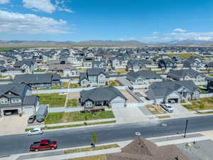 Aerial perspective of suburban area featuring mountains