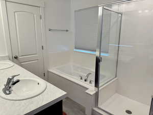 Bathroom with a stall shower, a garden tub, double vanity, and wood finished floors