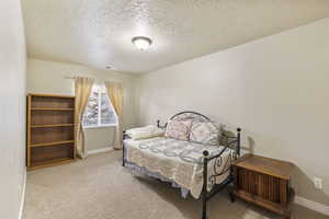 Carpeted bedroom with baseboards, a textured ceiling, and visible vents